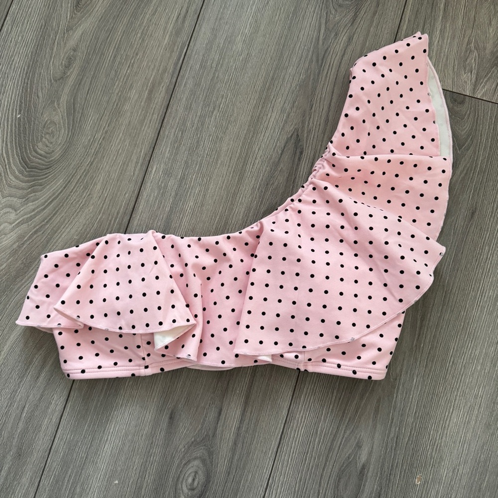Skinny Dip One Shoulder Asymmetrical Swiss Polka Dot Ruffle Bikini Top Pink S